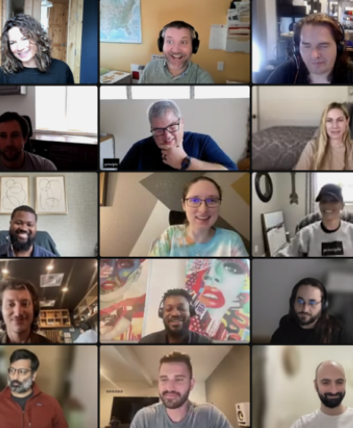 Fifteen Principle employees smiling and laughing together on a Zoom meeting, each showing their backgrounds and some sporting Principle swag.